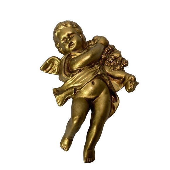 Vintage 2 Lee Wards Gold Cherub Angel Wall Hanging Plaque Chalkware 8” Long - Picture 14 of 16